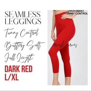 Zenana Seamless High-Waist Tummy Control Leggings: Dark Red | Size L/XL NWT.